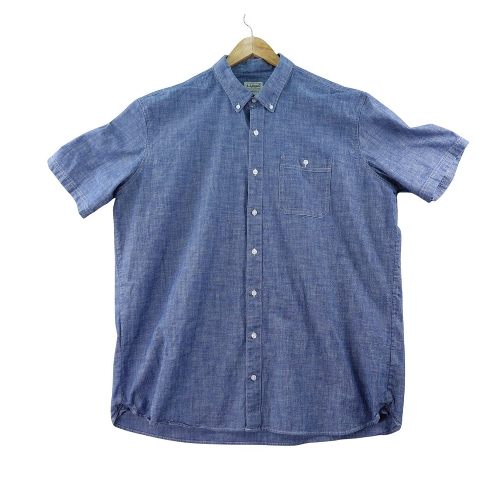 L.L.Bean Mens XLT Blue Cotton Blend Short‎ Sleeve Button Down Casual Shirt